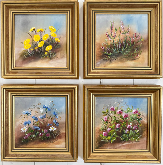 Swedish Meadows - A Quartet. Vintage Swedish Oil Paintings by Eva Larsson.