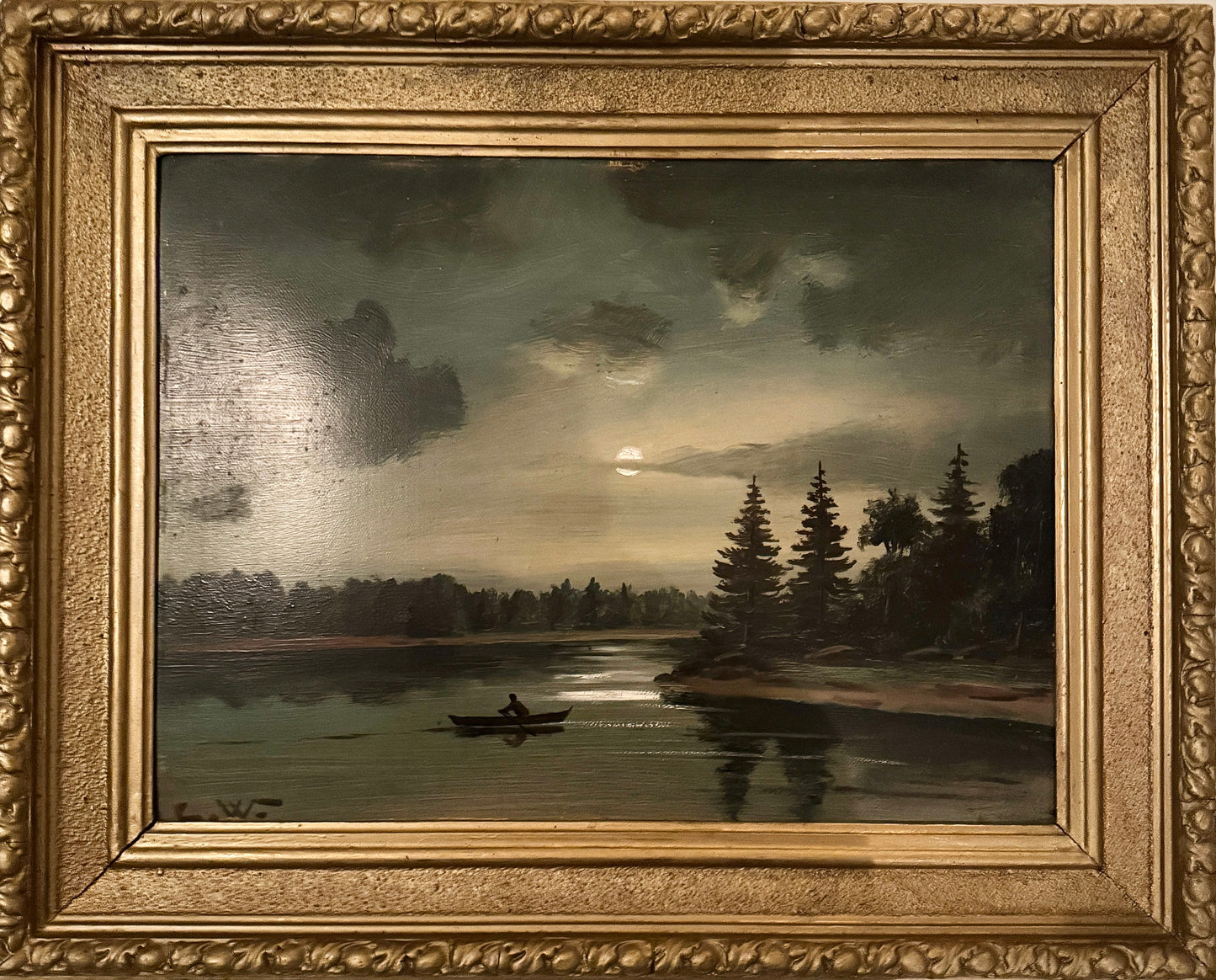 Moonlit Crossing. Antique Swedish Oil Painting.