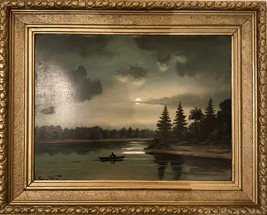 Moonlit Crossing. Antique Swedish Oil Painting.