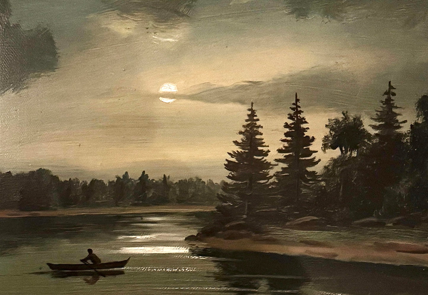 Moonlit Crossing. Antique Swedish Oil Painting.