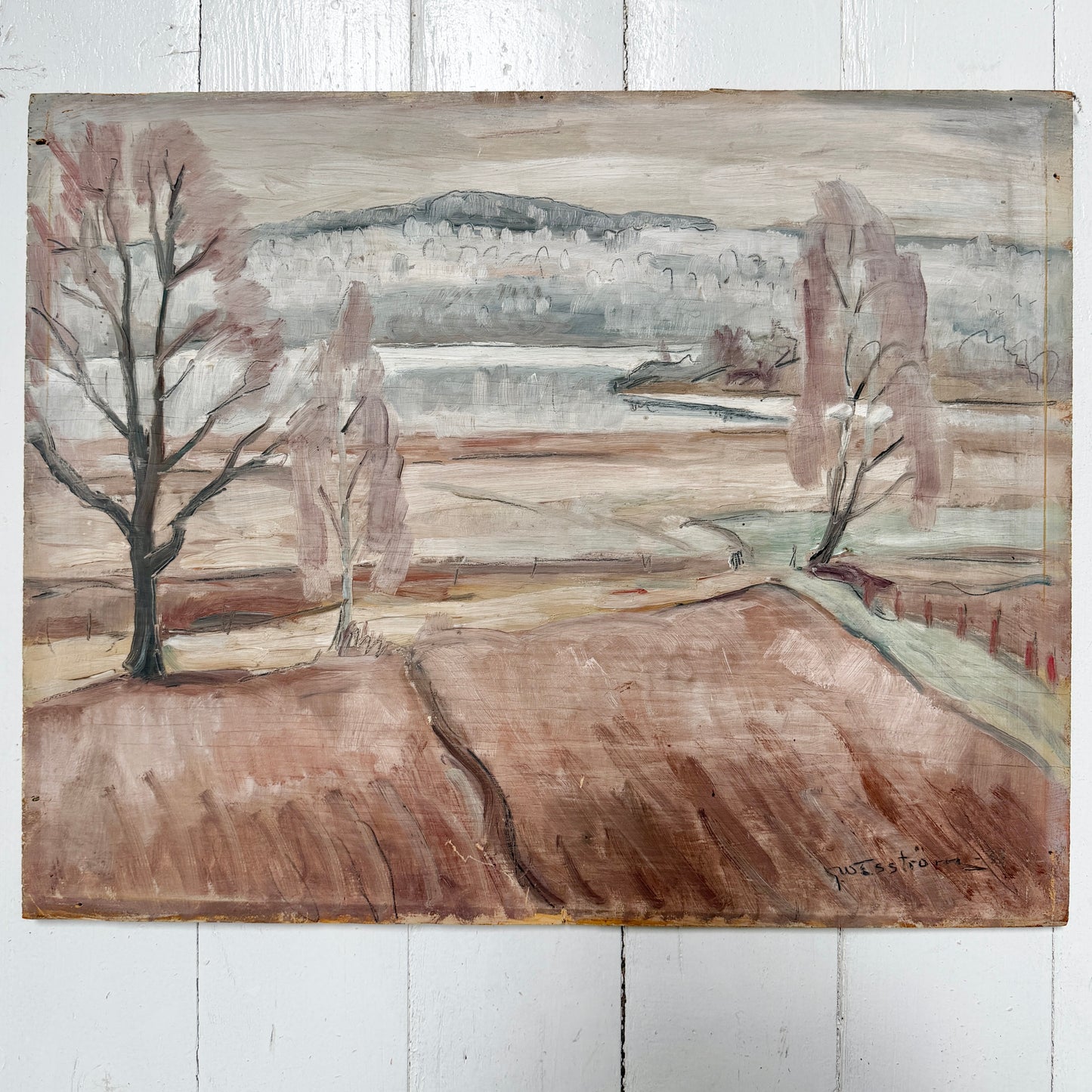 The Secret Romance. Landscape with Portrait. 1933. Double-sided Oil Painting by Gösta Wesström