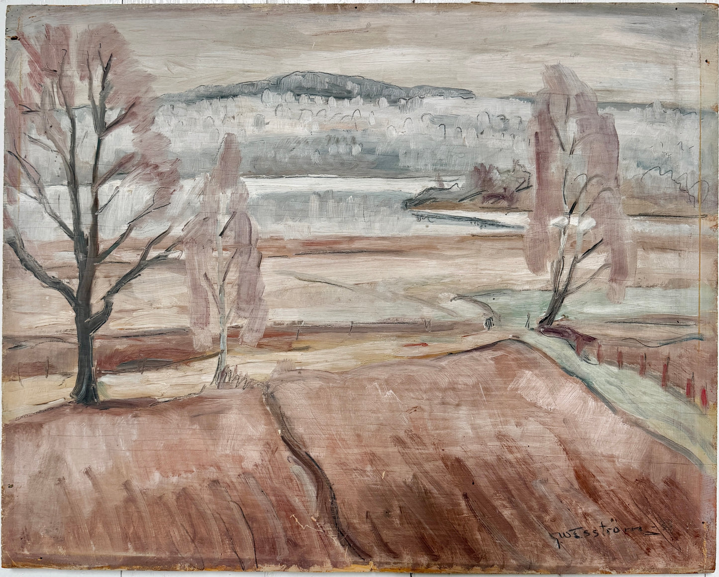 The Secret Romance. Landscape with Portrait. 1933. Double-sided Oil Painting by Gösta Wesström