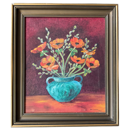 Harmony in Red and Teal 1934. Vintage Swedish Oil Still Life Painting.