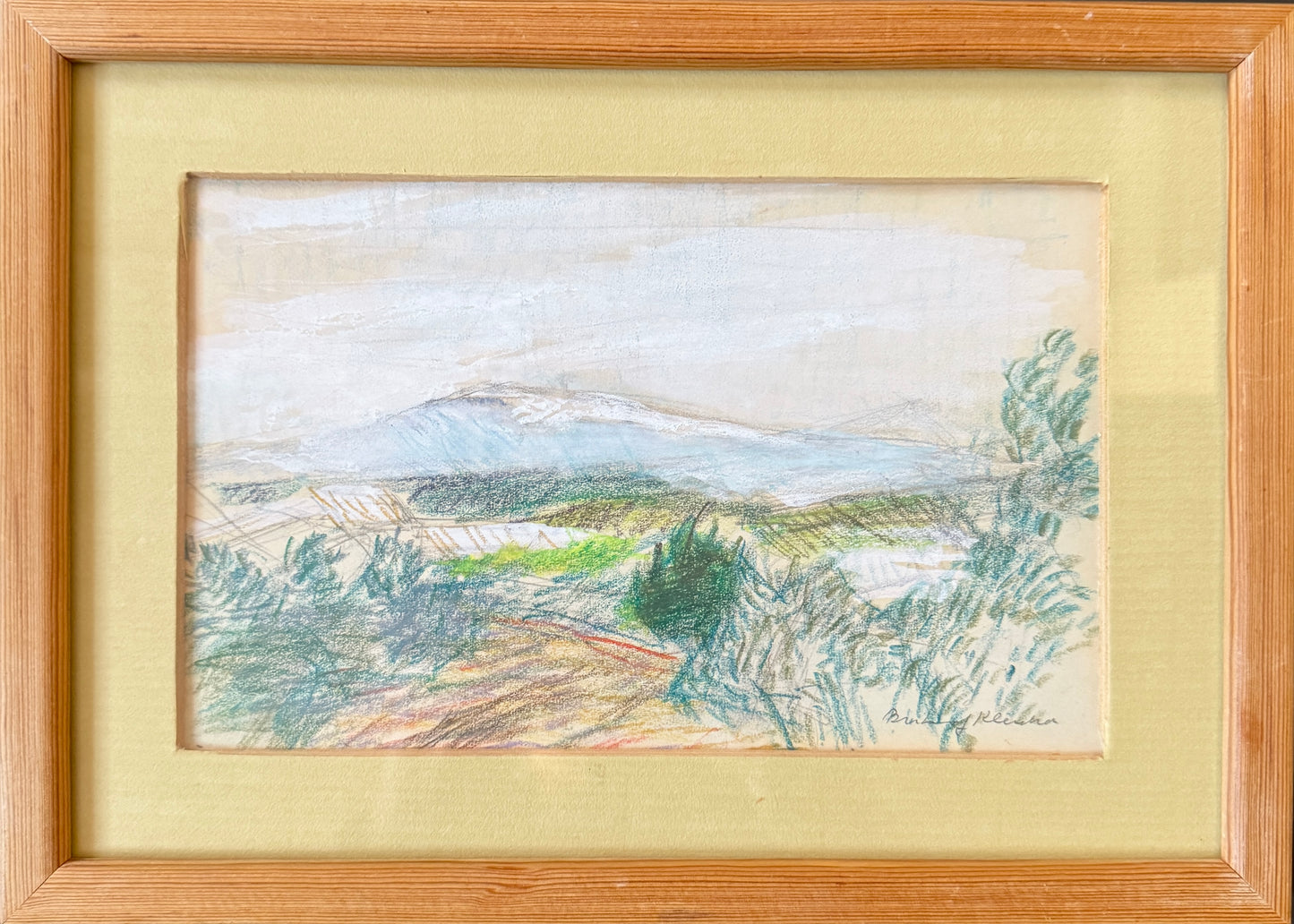 French Hillside Morning. Vintage Crayon Drawing by Brita af Klercker.