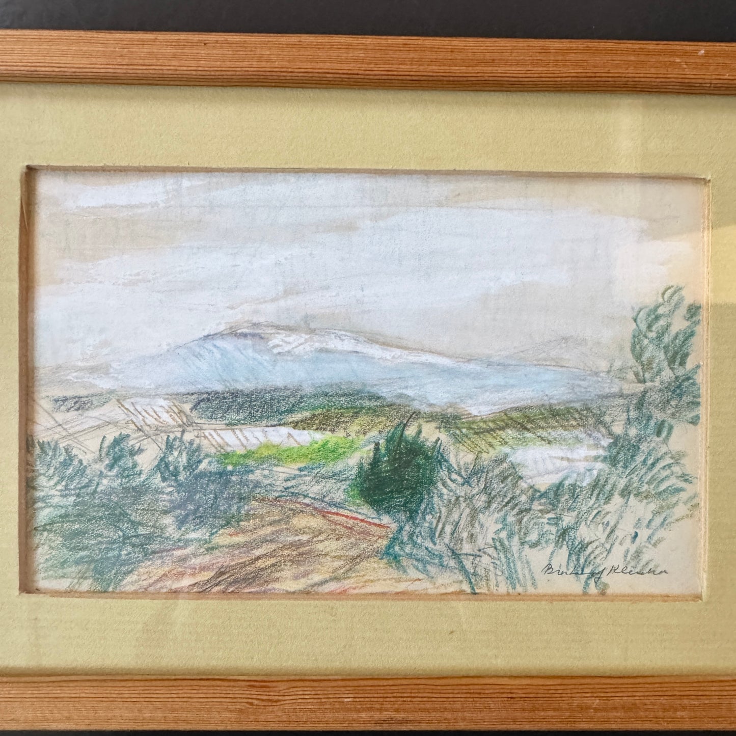 French Hillside Morning. Vintage Crayon Drawing by Brita af Klercker.