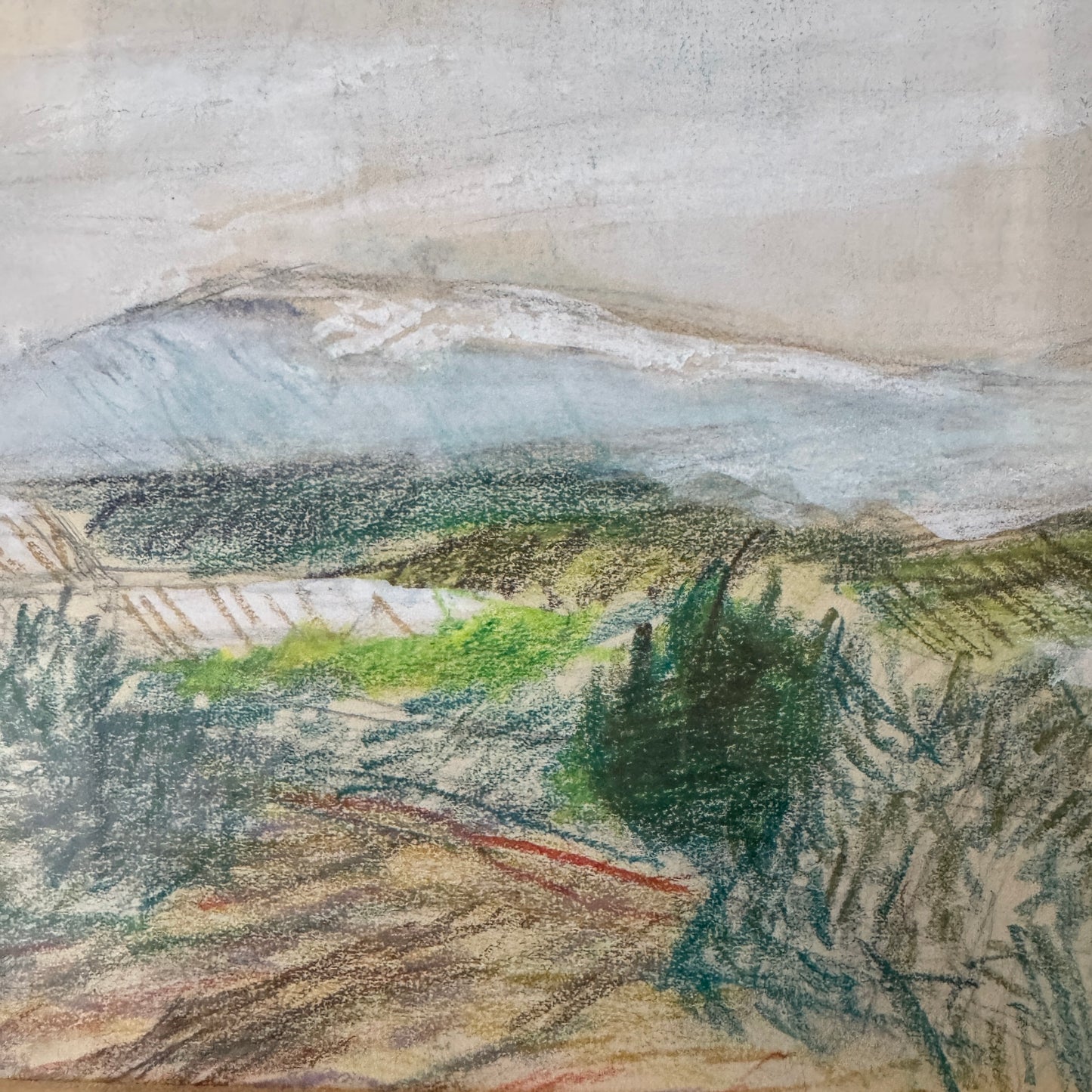 French Hillside Morning. Vintage Crayon Drawing by Brita af Klercker.