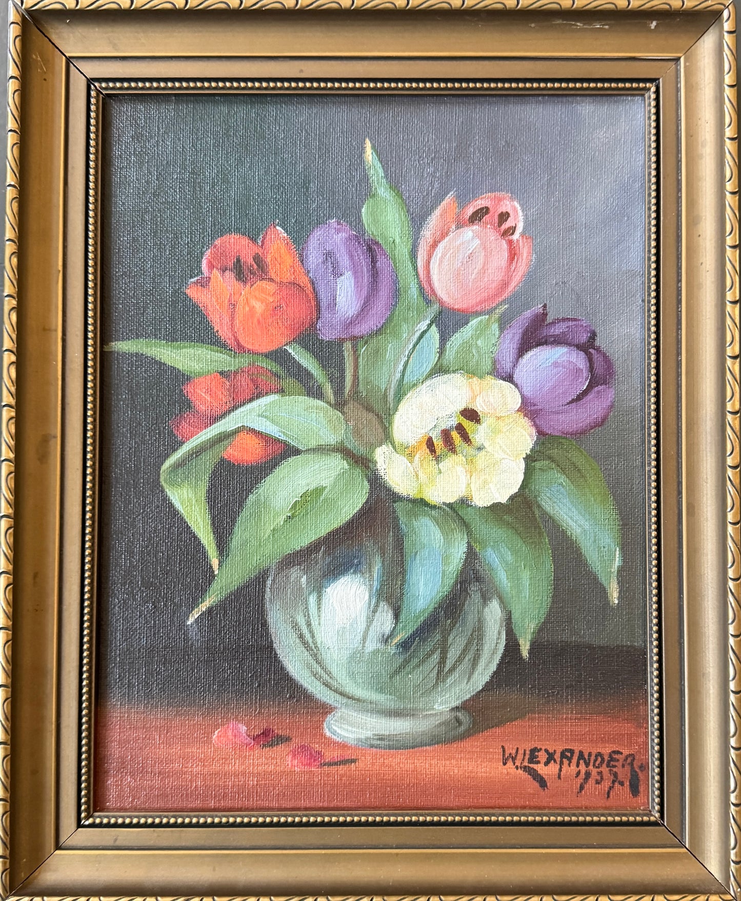 Radiant Tulips 1937. Vintage Swedish Oil Painting by W Lexander.