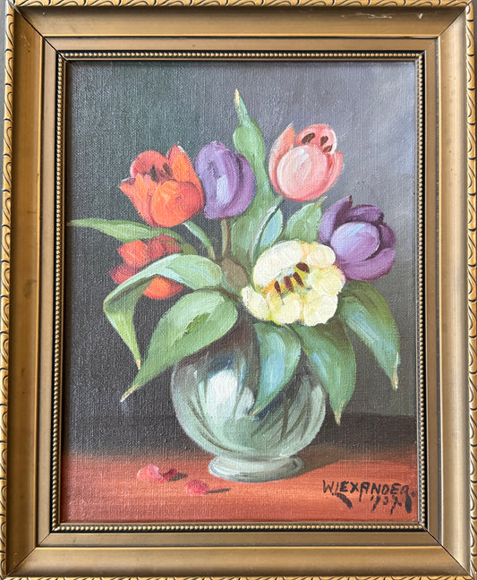 Radiant Tulips 1937. Vintage Swedish Oil Painting by W Lexander.