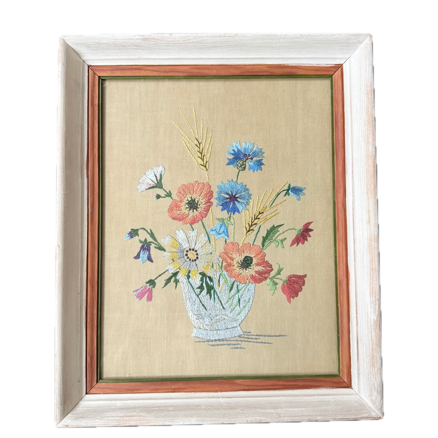 Vintage c 1940s Summer Bouquet Framed Embroidery.