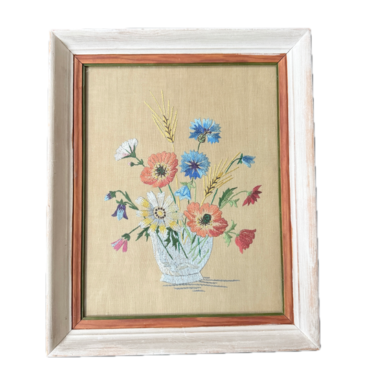 Vintage c 1940s Summer Bouquet Framed Embroidery.
