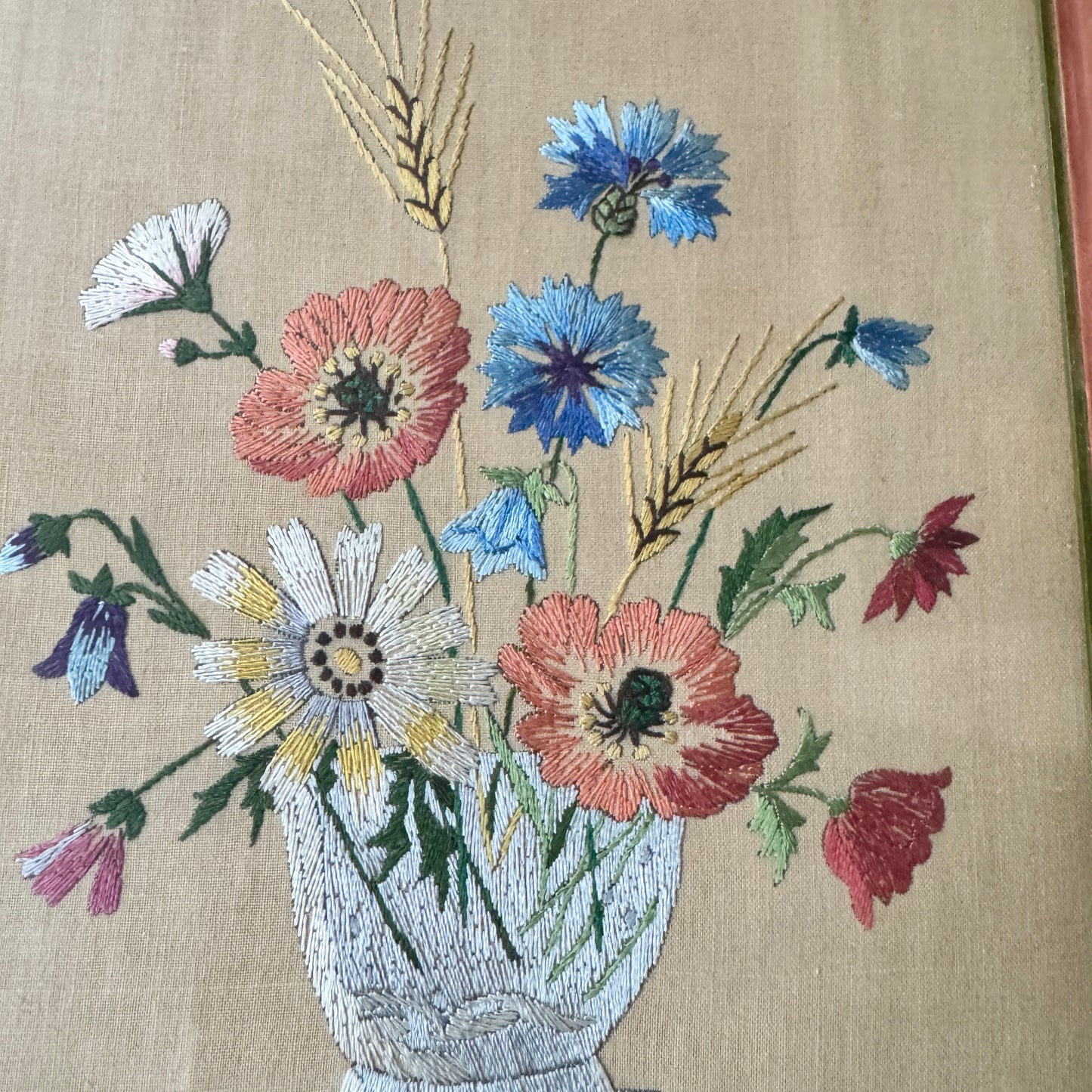 Vintage c 1940s Summer Bouquet Framed Embroidery.
