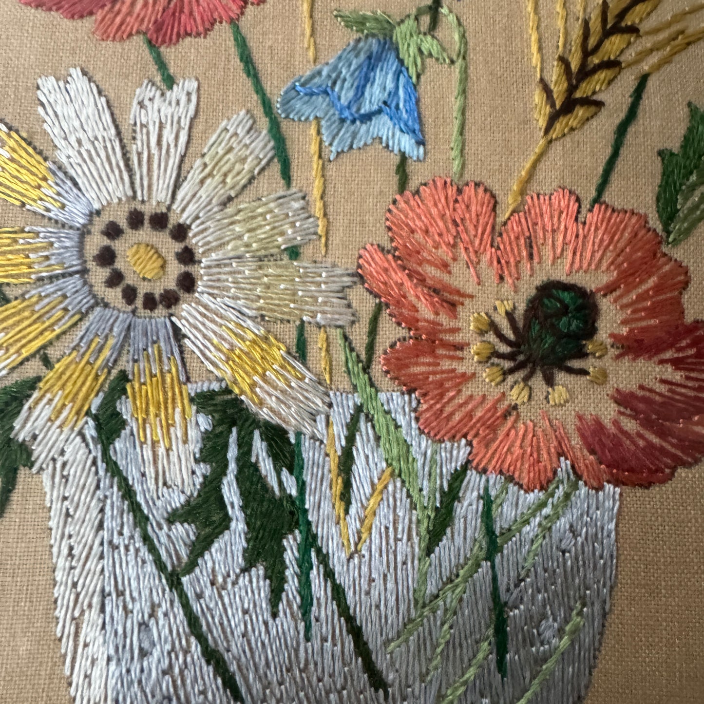 Vintage c 1940s Summer Bouquet Framed Embroidery.