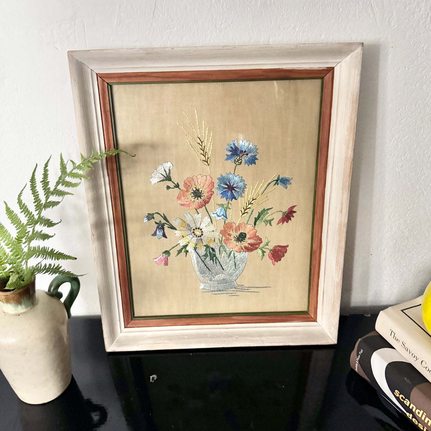 Vintage c 1940s Summer Bouquet Framed Embroidery.