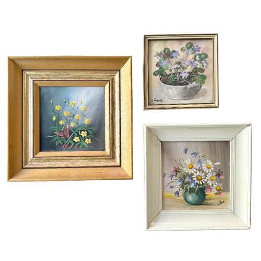 The Scandi Summer Wall. Three Vintage Small Flower Paintings.