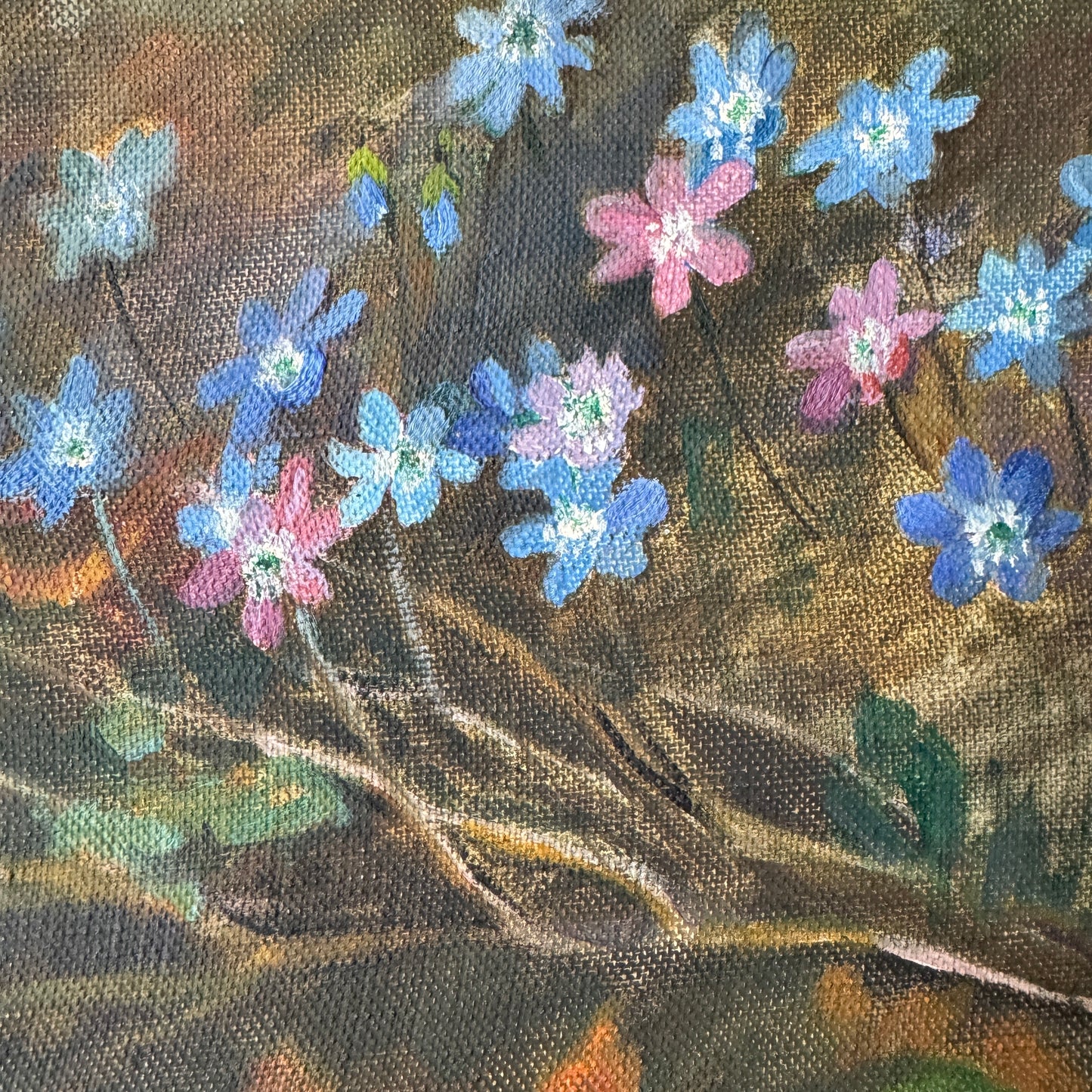 Forest Anemones in Bloom. Vintage Swedish Oil Painting.