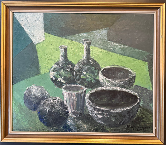 Green Reflections. Vintage Modernist Still Life Oil Painting. Sweden 1962.