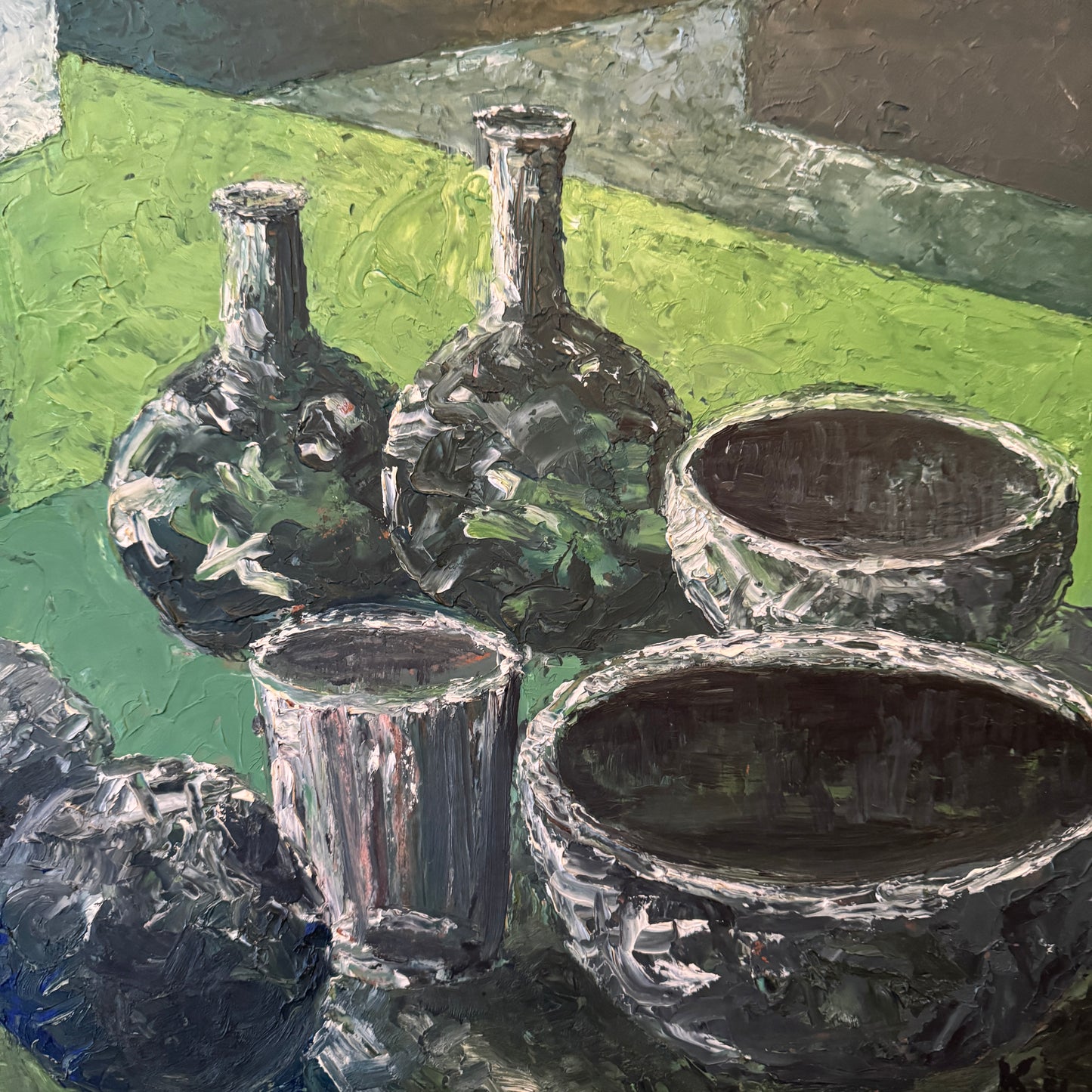 Green Reflections. Vintage Modernist Still Life Oil Painting. Sweden 1962.