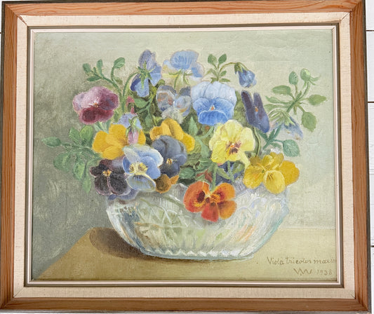 Pansies Before the Darkness, 1938. Vintage Swedish Oil Painting.