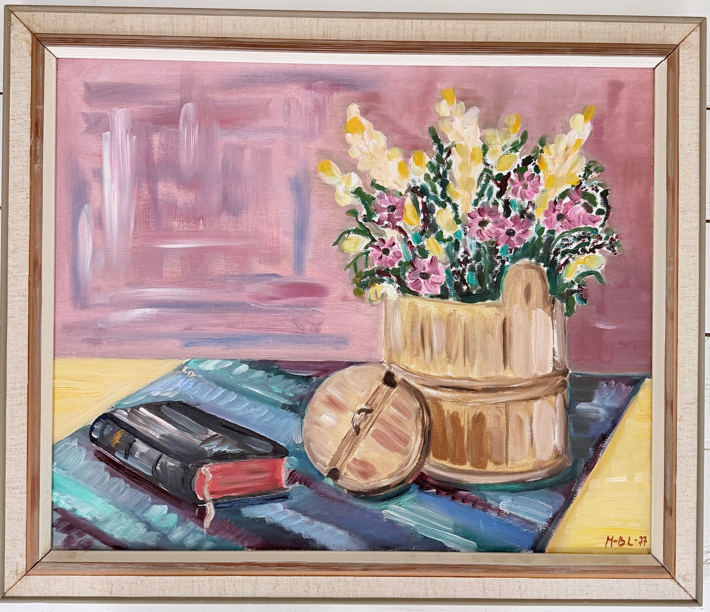 Flowers and Prayer Book. Vintage Swedish Oil Painting.