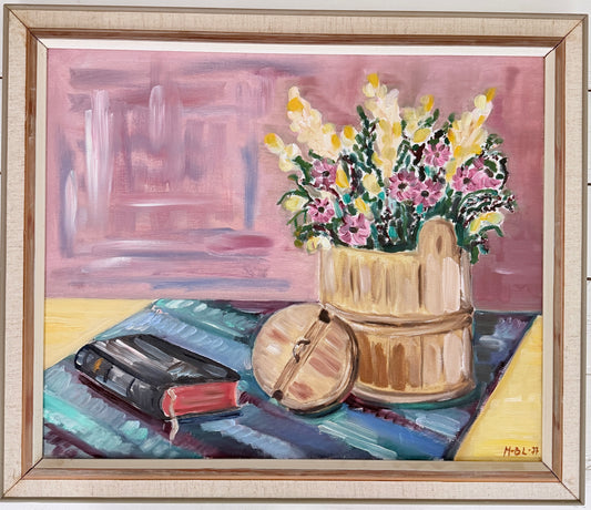 Flowers and Prayer Book. Vintage Swedish Oil Painting.