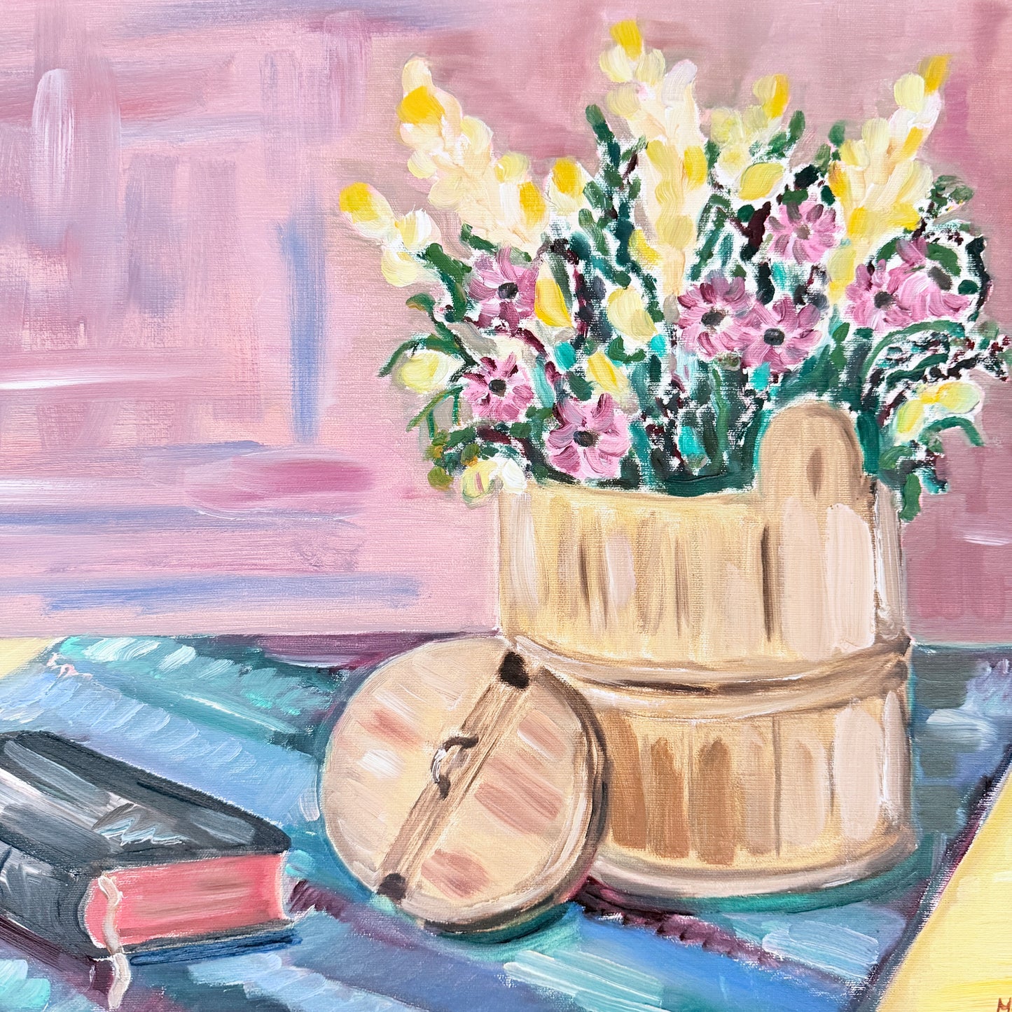 Flowers and Prayer Book. Vintage Swedish Oil Painting.