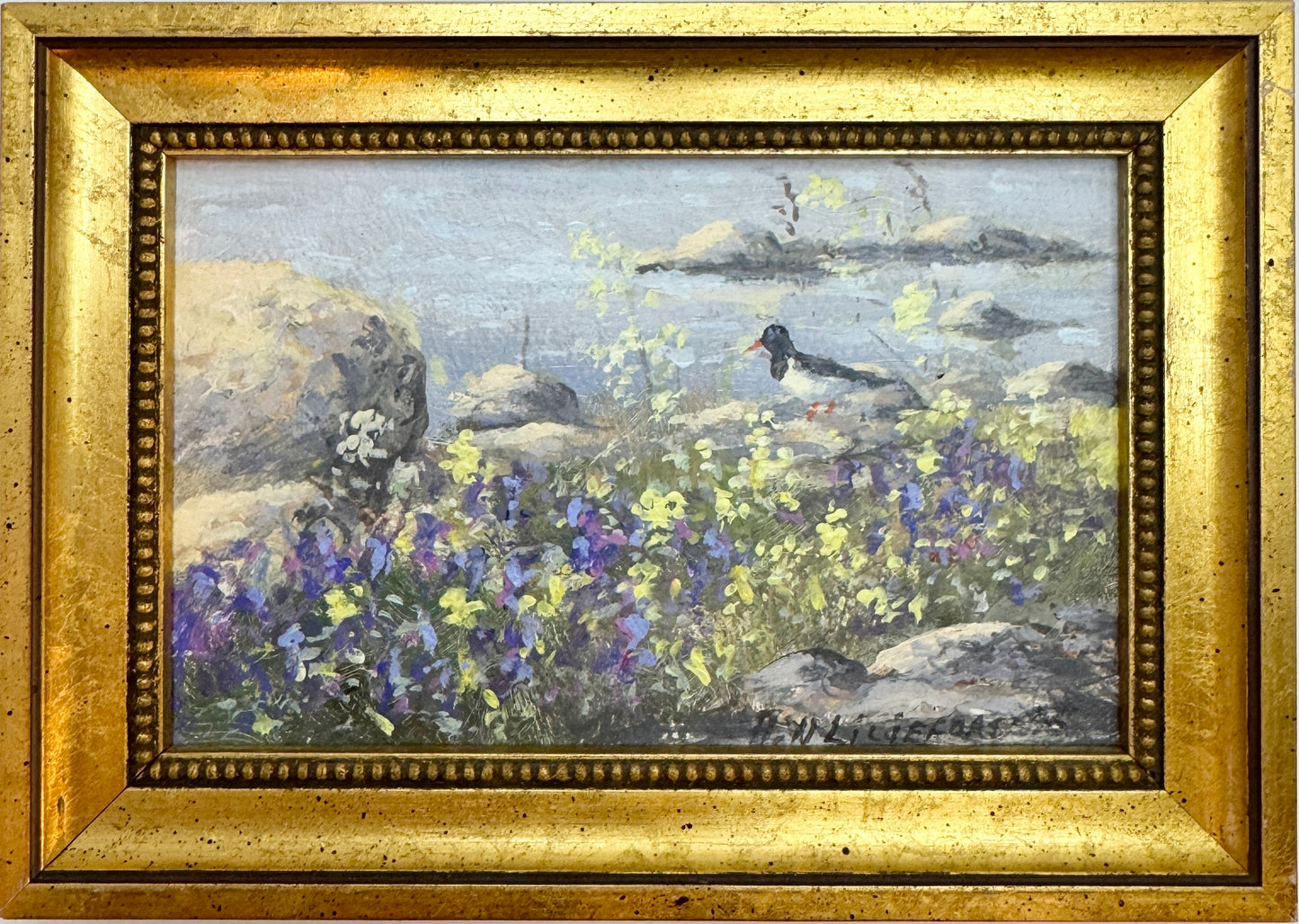 Shoreline in Bloom. Vintage Swedish Oil Painting by Astrid Widenberg Liljefors