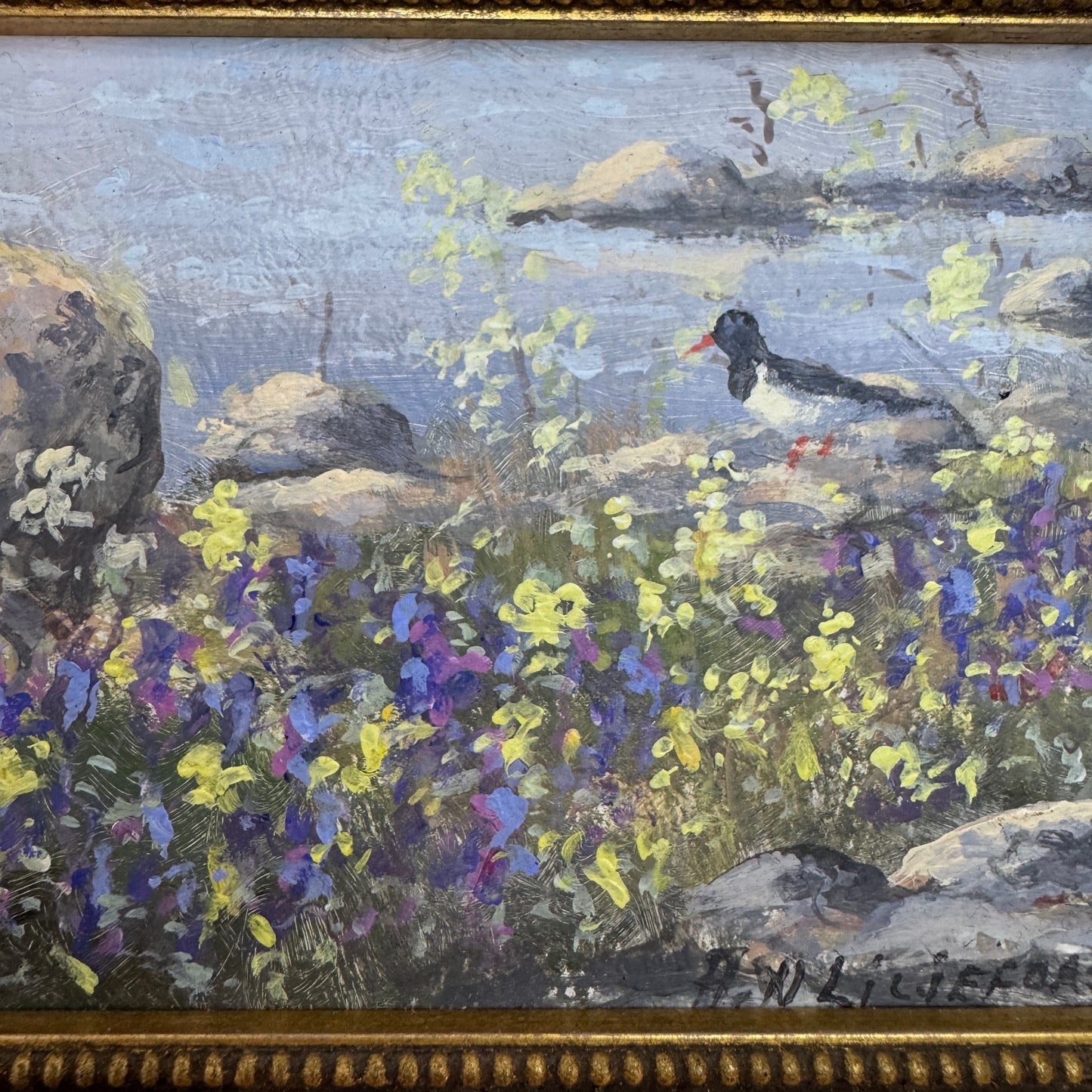 Shoreline in Bloom. Vintage Swedish Oil Painting by Astrid Widenberg Liljefors