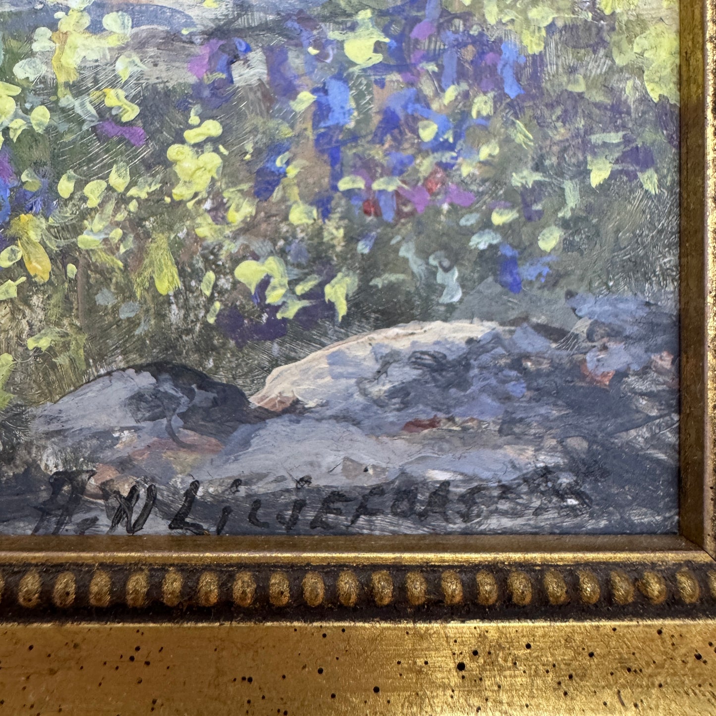 Shoreline in Bloom. Vintage Swedish Oil Painting by Astrid Widenberg Liljefors