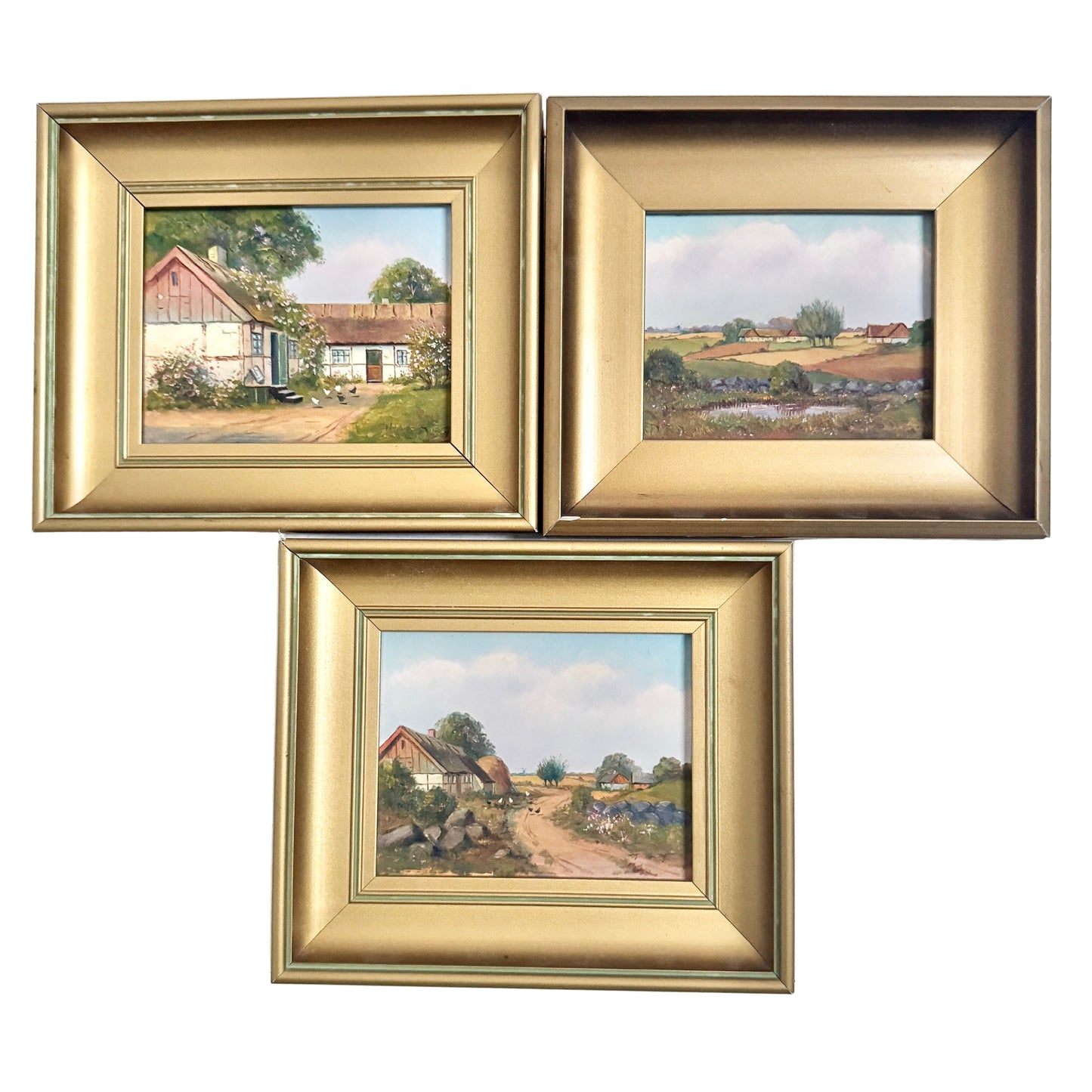 Danish Country Life 1952. Vintage Oil on Carved Wood Paintings.