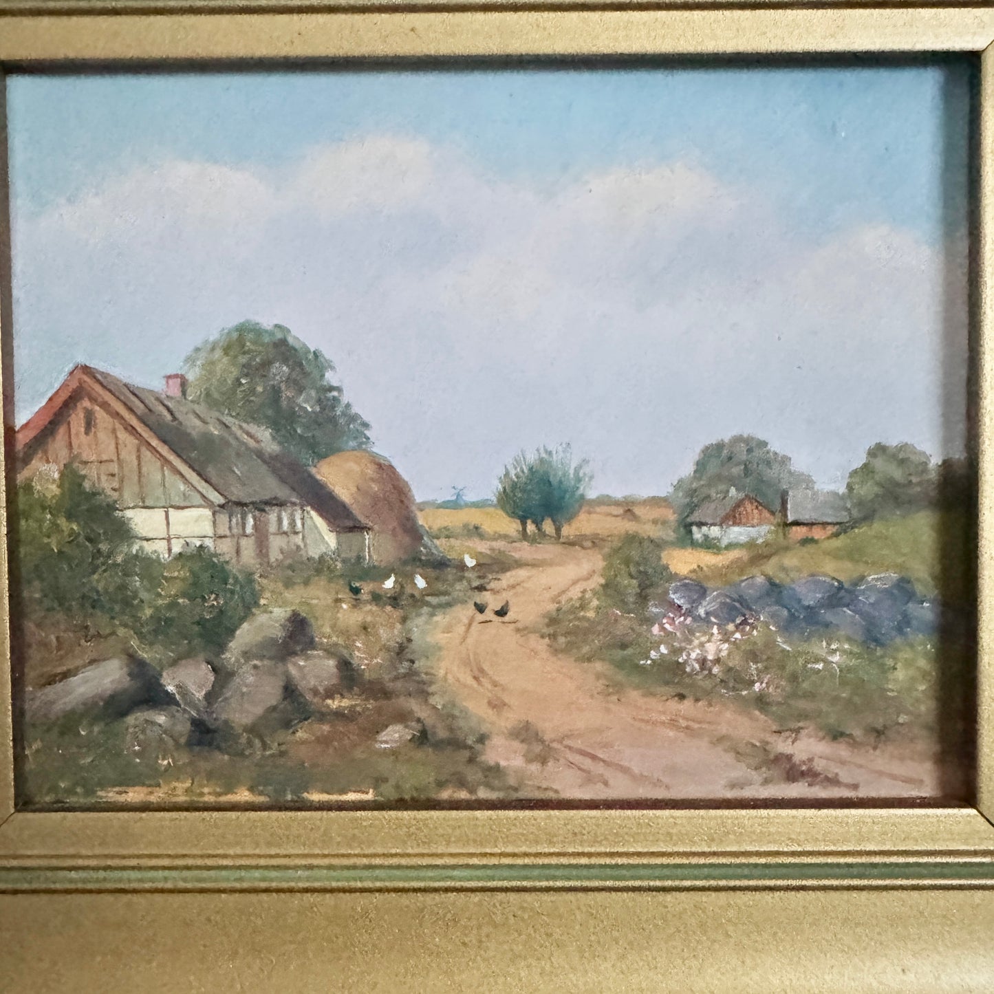 Danish Country Life 1952. Vintage Oil on Carved Wood Paintings.