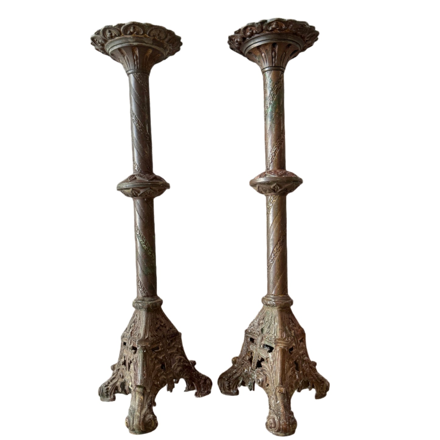 Antique 40cm Patinated Yellow Metal Altar Candlestick Holders. A Pair.