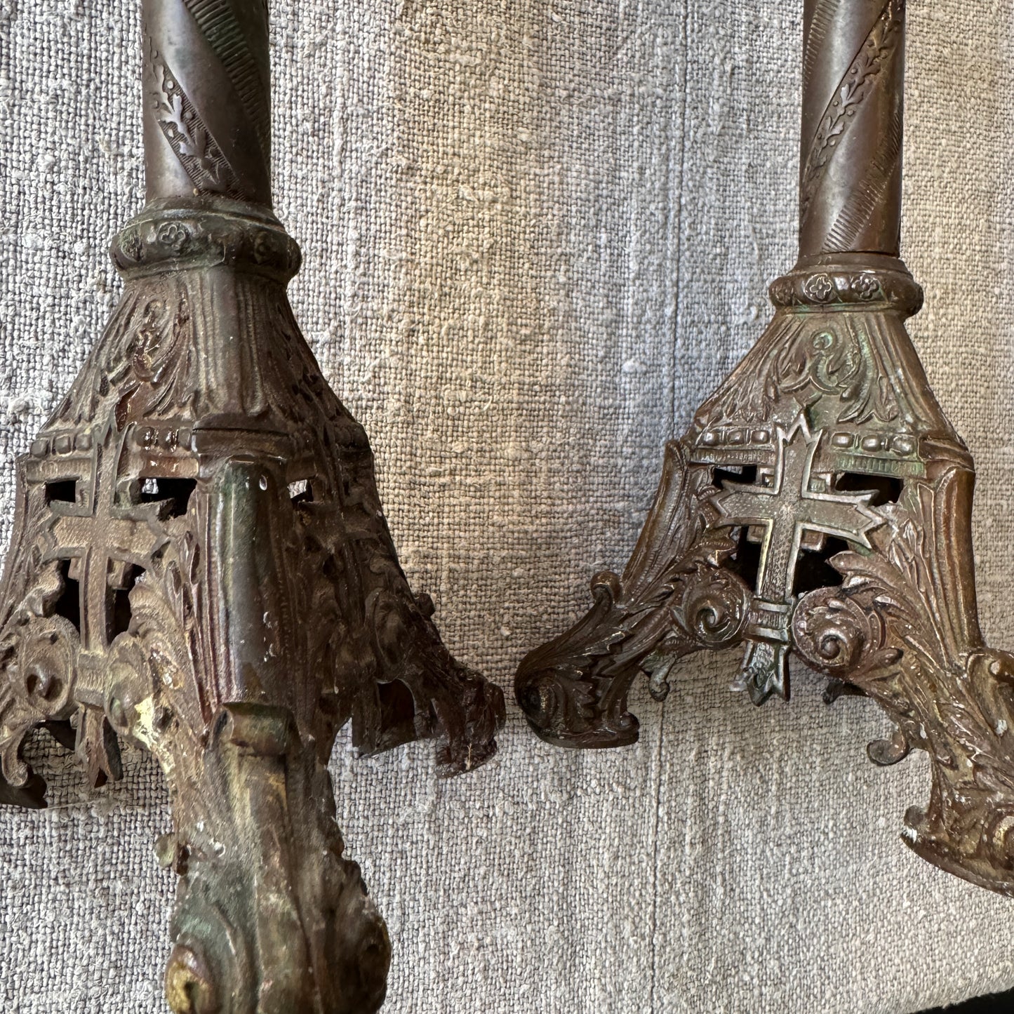 Antique 40cm Patinated Yellow Metal Altar Candlestick Holders. A Pair.
