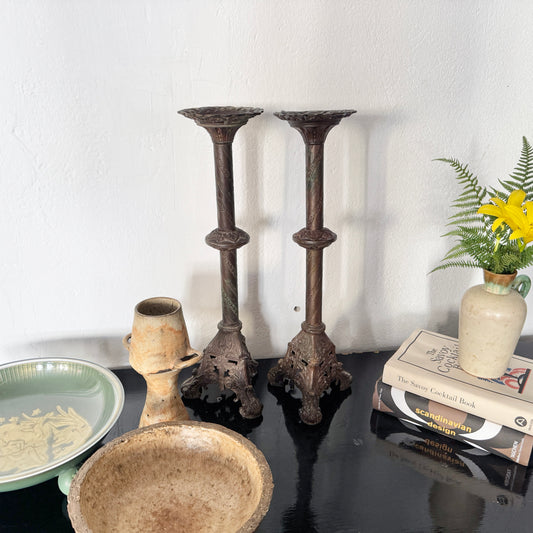 Antique 40cm Patinated Yellow Metal Altar Candlestick Holders. A Pair.