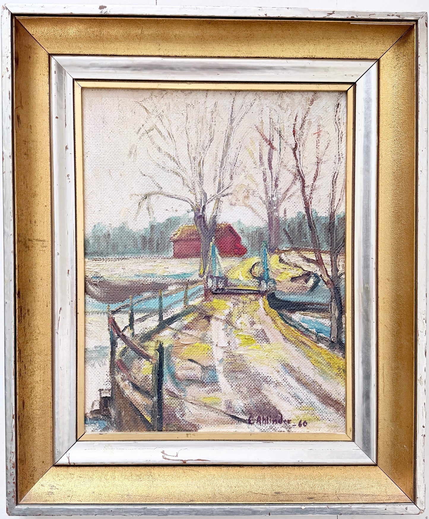 The Swedish Red Cottage, 1960. Vintage Swedish Oil Panting.