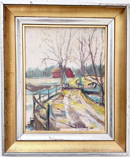 The Swedish Red Cottage, 1960. Vintage Swedish Oil Panting.