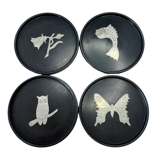 Wittsjö, Sweden. Vintage Bakelite Pewter Inlay Coasters.