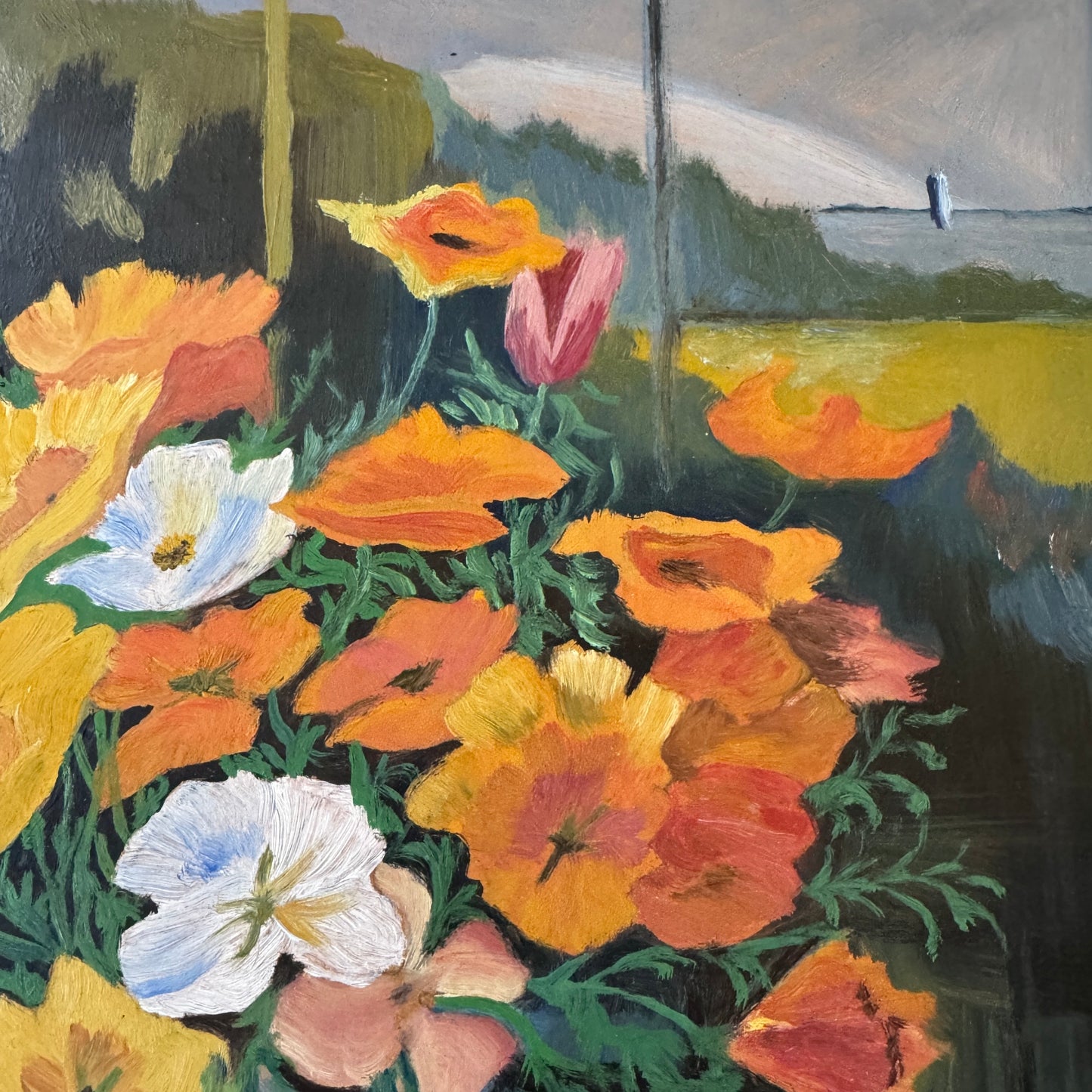 Poppies by the Sea. Vintage Swedish Oil Painting.