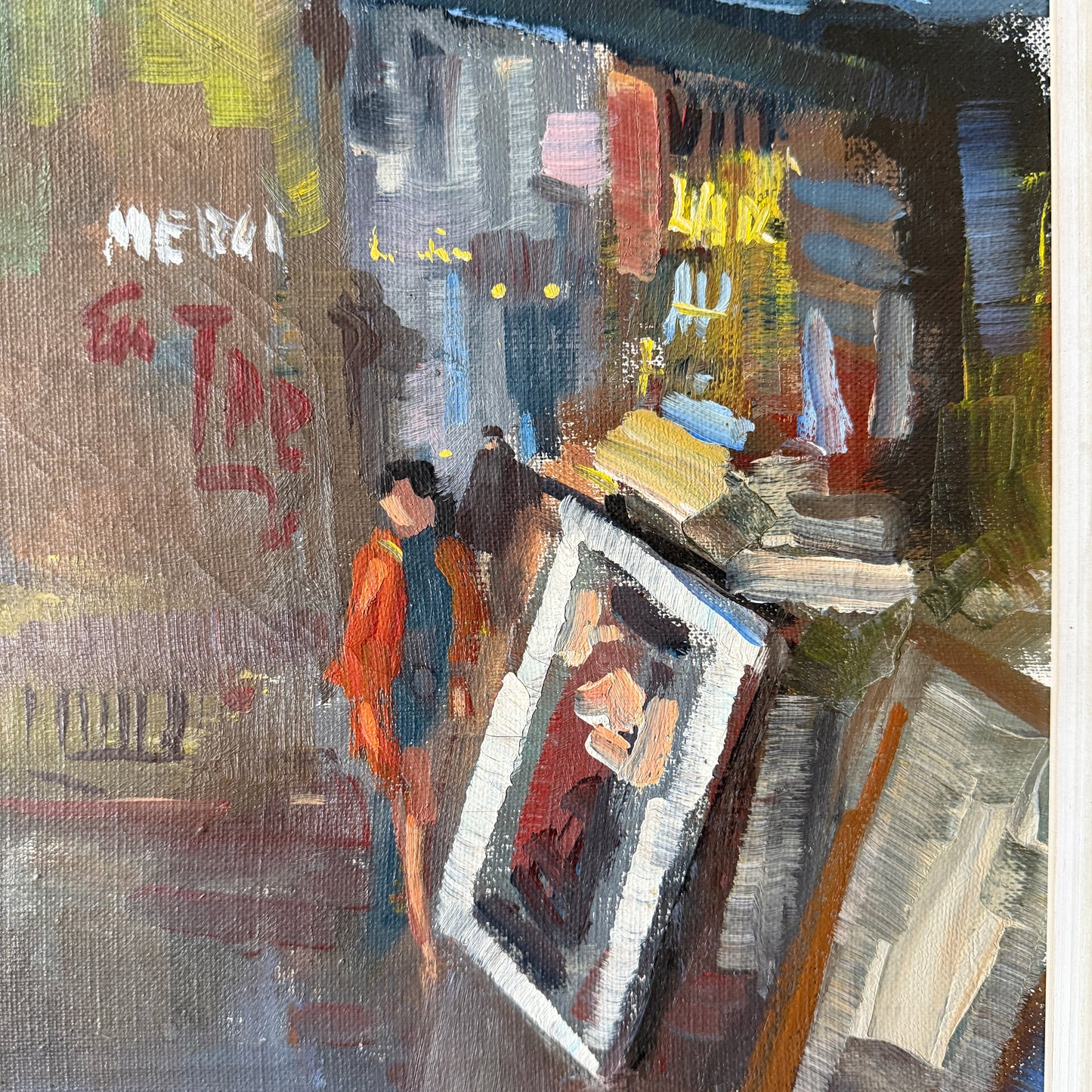 The Art Stall, Paris c 1950s. Vintage Oil Painting.