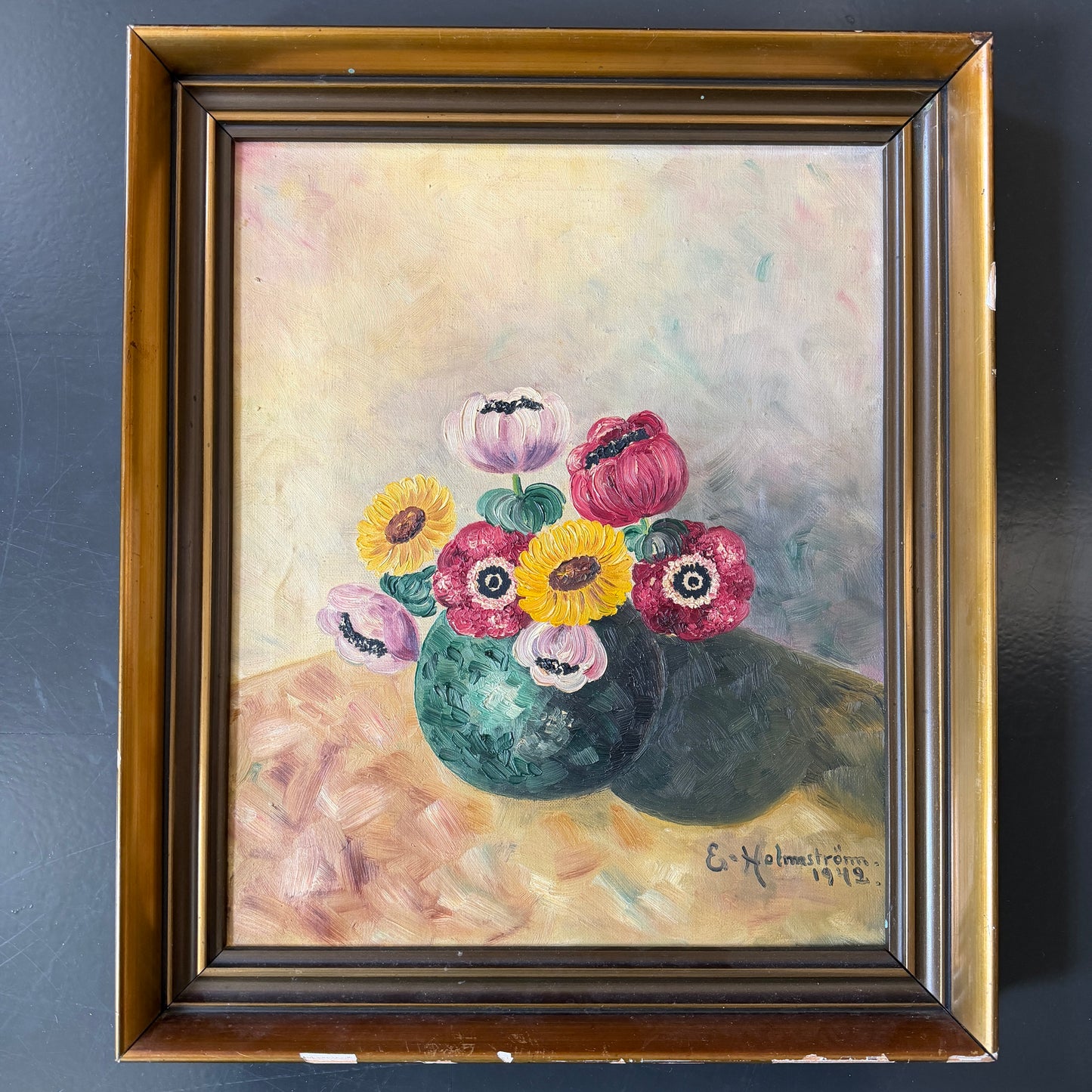Sweden 1942. Vintage War Era Still Life Flowers Oil Painting