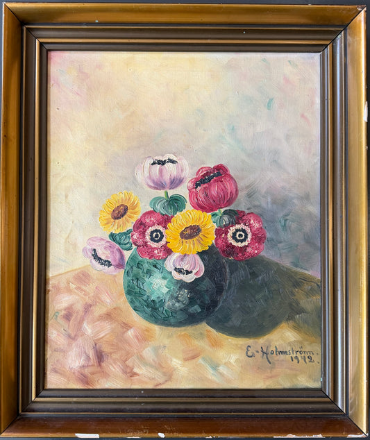 Sweden 1942. Vintage War Era Still Life Flowers Oil Painting