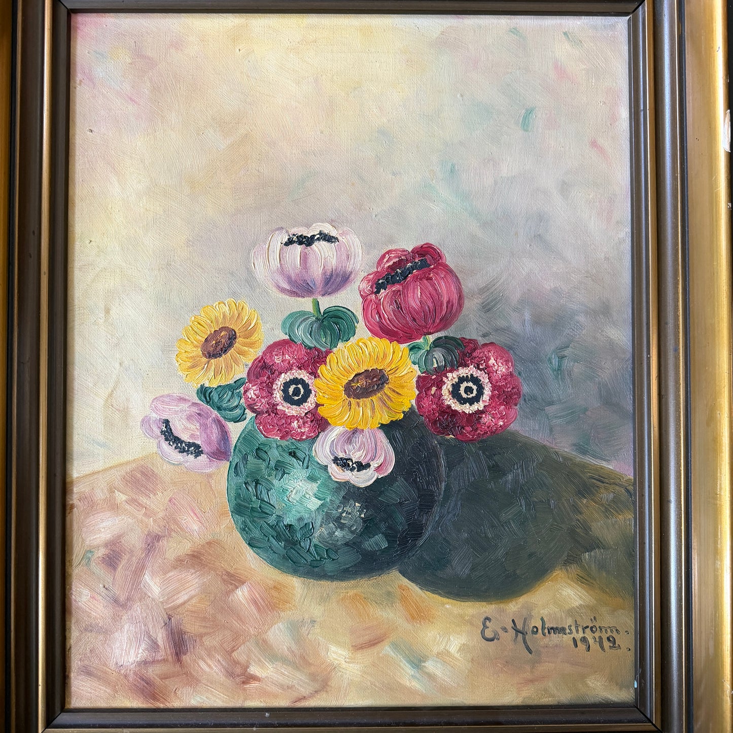 Sweden 1942. Vintage War Era Still Life Flowers Oil Painting