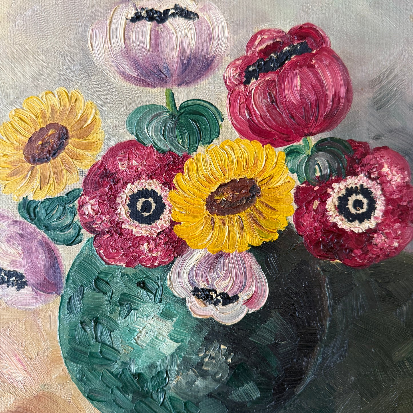 Sweden 1942. Vintage War Era Still Life Flowers Oil Painting