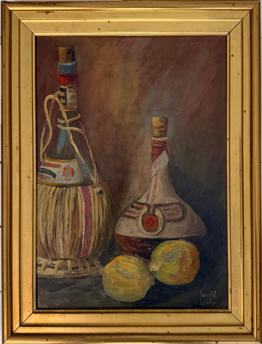 A Poetic Gathering of Vine, c 1920s Antique Swedish Oil Painting by Harald Linder.