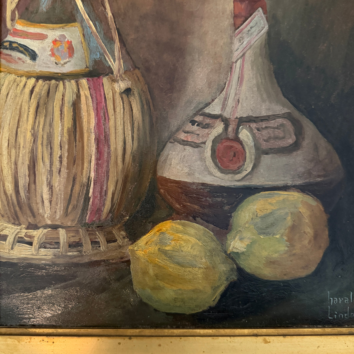 A Poetic Gathering of Vine, c 1920s Antique Swedish Oil Painting by Harald Linder.