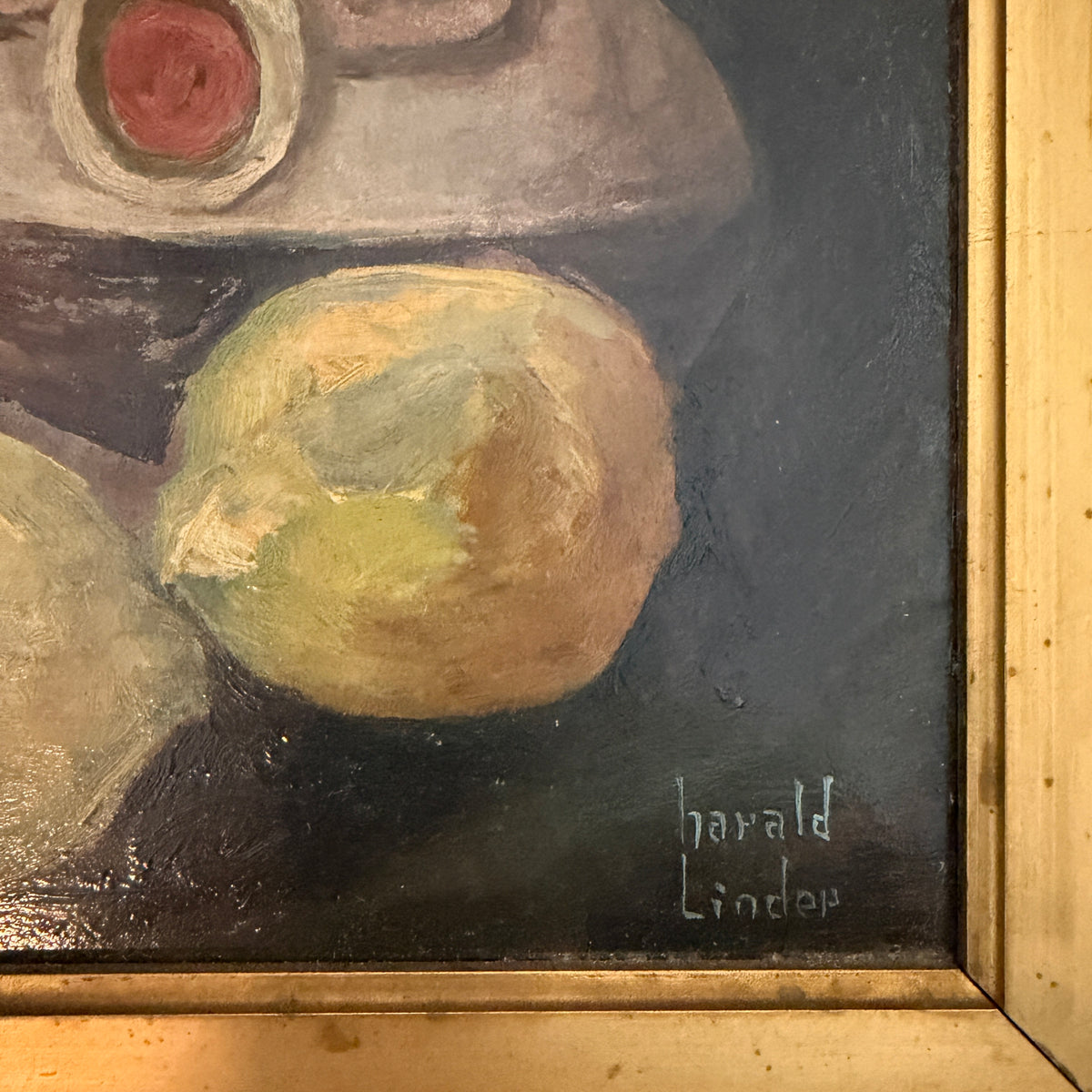 A Poetic Gathering of Vine, c 1920s Antique Swedish Oil Painting by Harald Linder.
