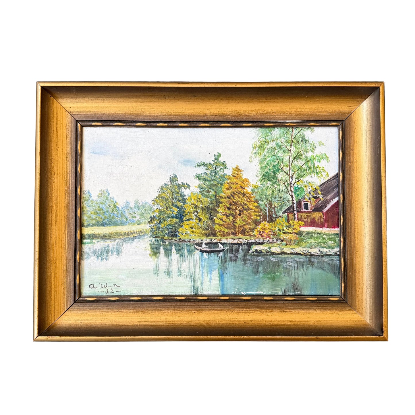 Red Cottage by the Lake 1932. Vintage Swedish Oil Painting.