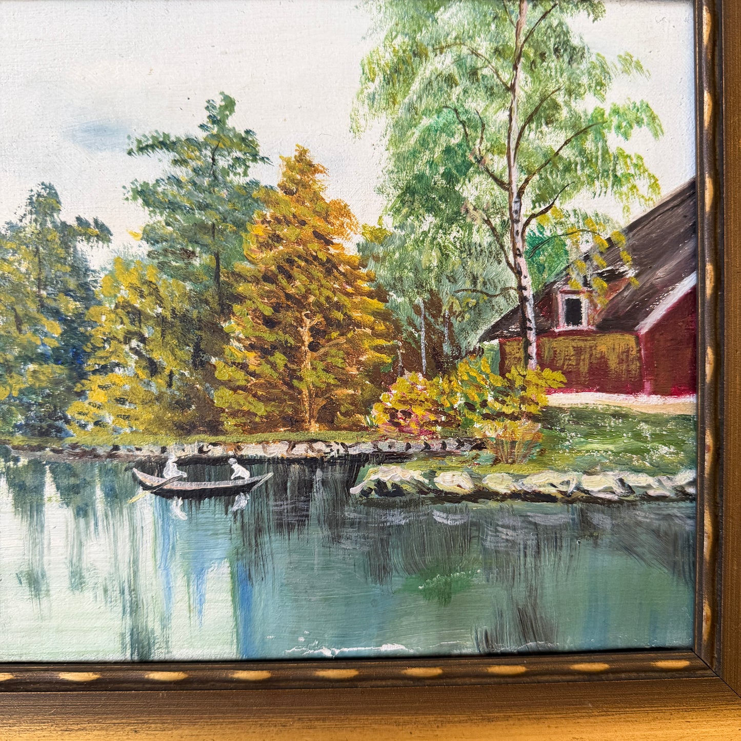 Red Cottage by the Lake 1932. Vintage Swedish Oil Painting.