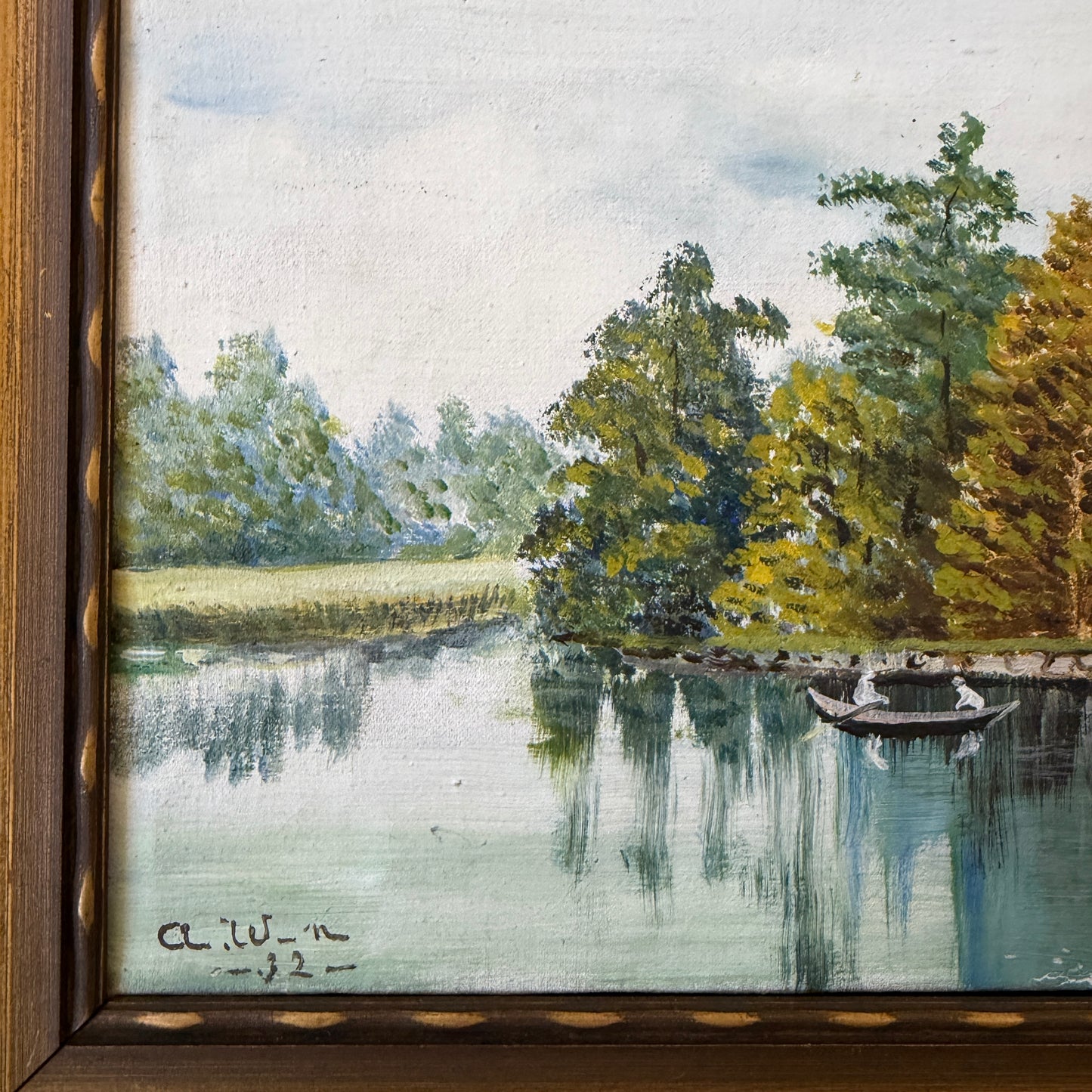 Red Cottage by the Lake 1932. Vintage Swedish Oil Painting.