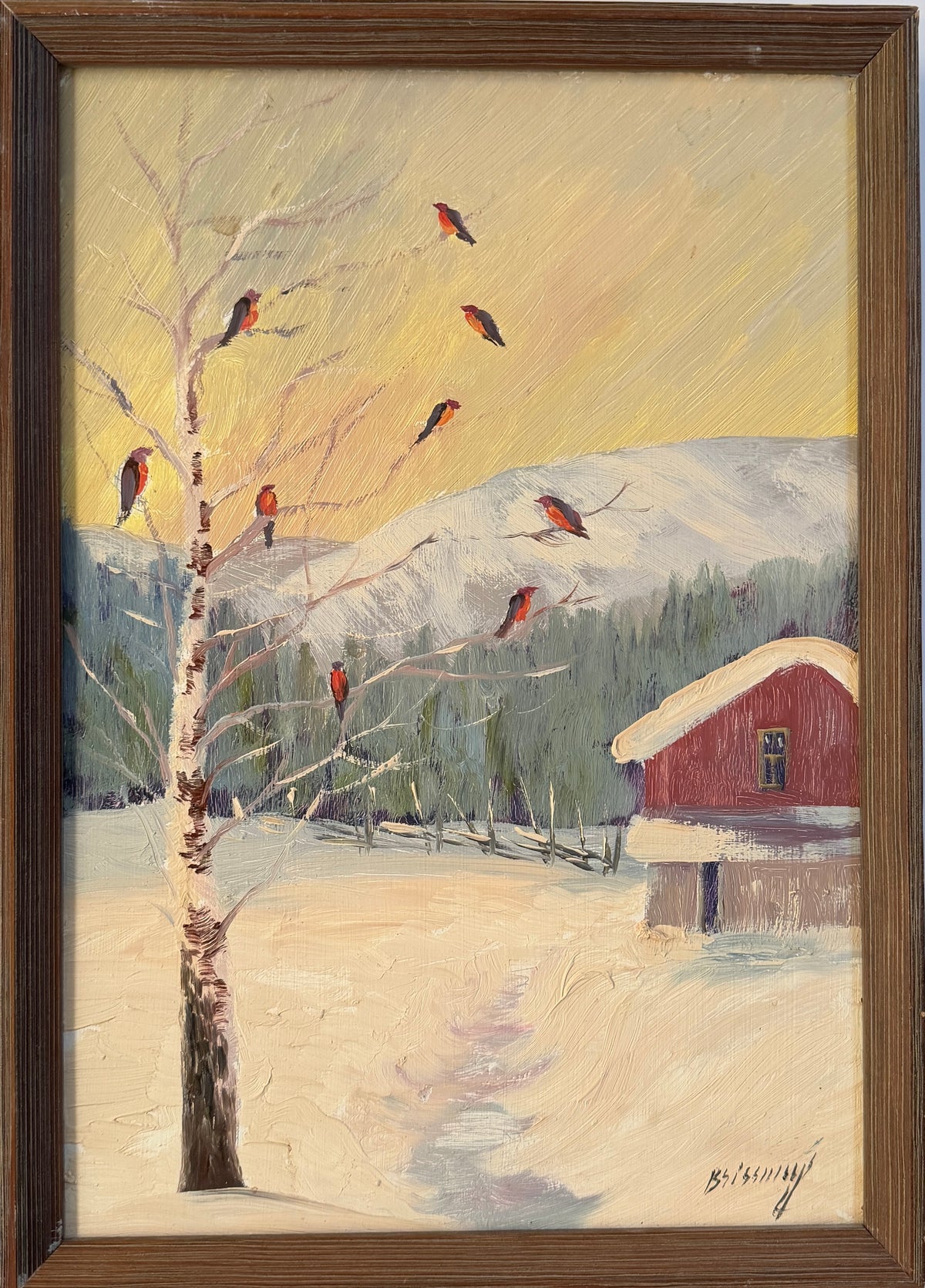 Red Cabin, Red Birds, 1963. Vintage Swedish Oil Pianting, by Einar Brissmyr