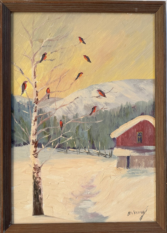 Red Cabin, Red Birds, 1963. Vintage Swedish Oil Pianting, by Einar Brissmyr